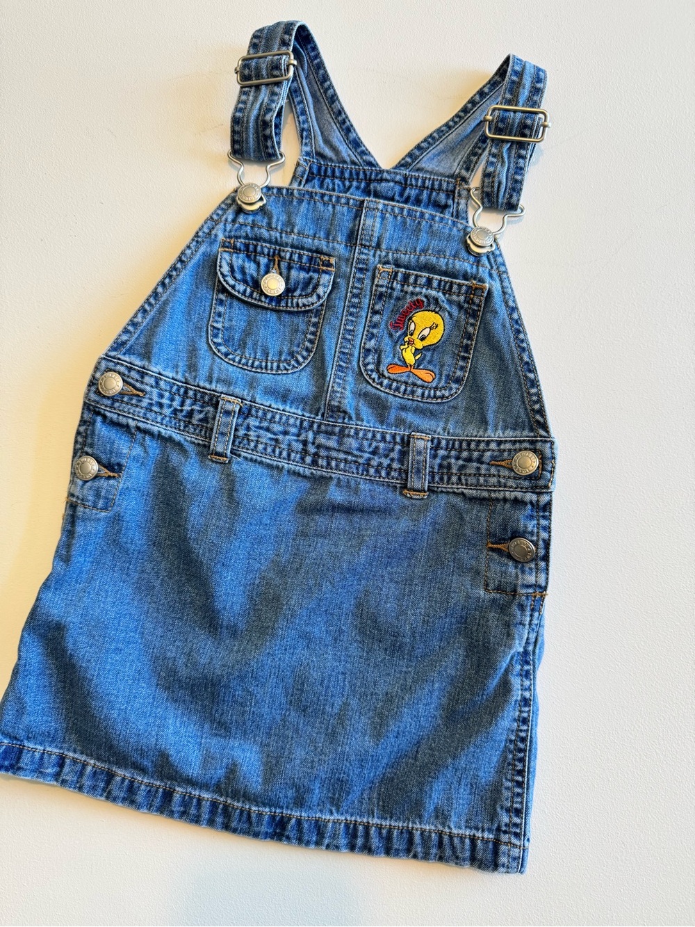 Vintage 1998 Warner Brothers Kids Blue Denim Overall Dress with Tweety Patch